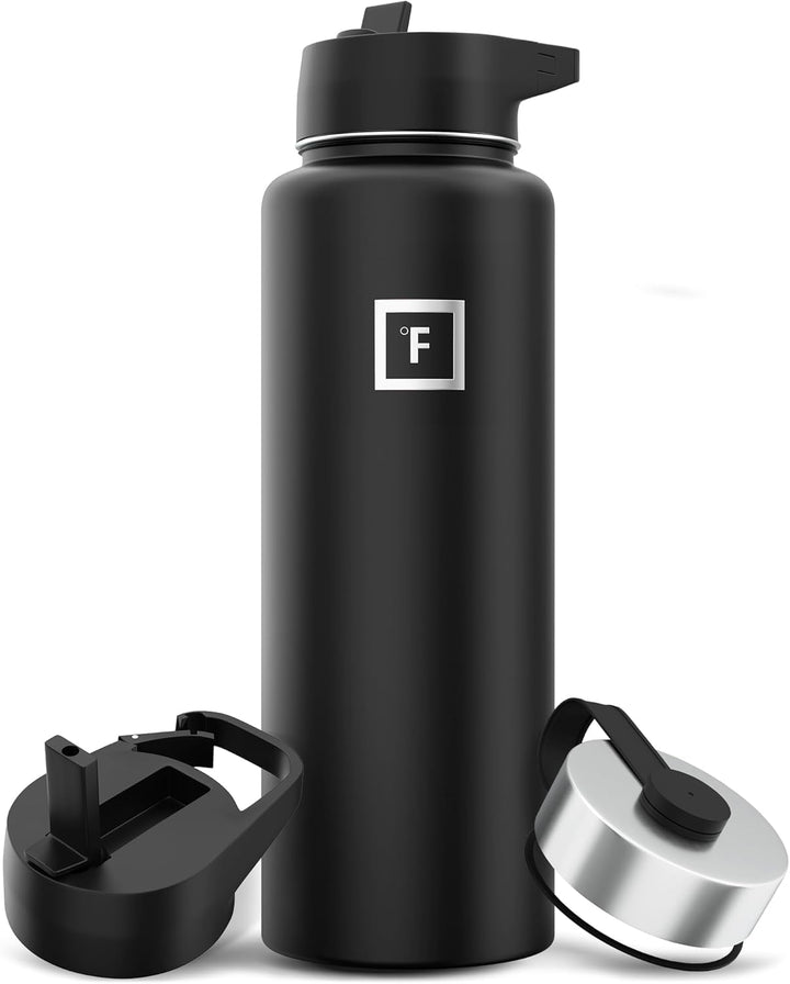 IRON °FLASK Sportwasserflasche, 3 Deckel (Stroh Deckel), Vakuumisolierte Edelstahl, Kalt Hot Midnigh