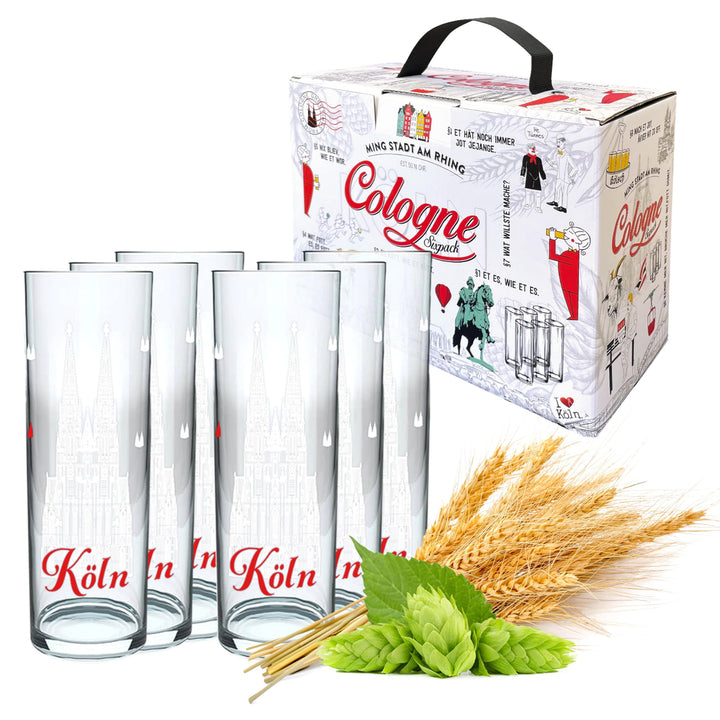 Kölschglas 6er Pack bunt 0,2ml, Kölner Stangen mit Grundgesetz, Biergläser Gläser Trinkgläser mit Au