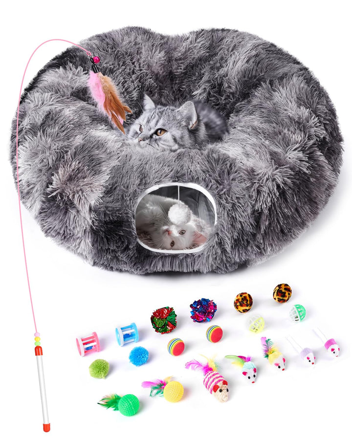 Odoland Katzentunnel grosse Katzenspielzeug mit Plüsch Katze Bett Katzentunnel mit Ball für Indoor K