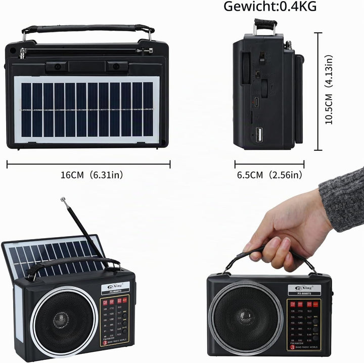 Tragbares Retro-Radio, kompaktes AM/FM/SW-Bluetooth-Radio mit Solarpanel, tragbare LED-Beleuchtung,