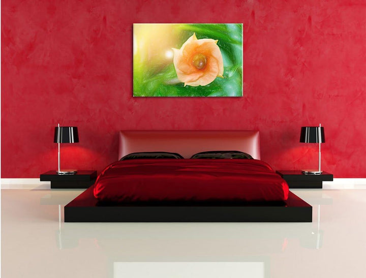 Pixxprint orange Blume im Sonnenlicht Kunst Buntstift Effekt, Format: 100x70 auf Leinwand, XXL riesi