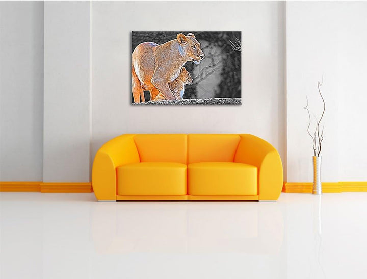 liebevolle Löwenmutter mit Jungtier schwarz/weiss Deluxe Format: 100x70 cm auf Leinwand, XXL riesige