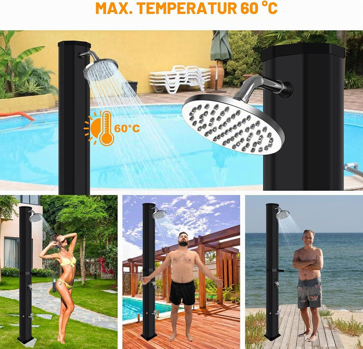 Gartendusche Solar 60 Liter, Solardusche Aussendusche mit 360° Regenduschkopf und Wasserhahn, Prämie