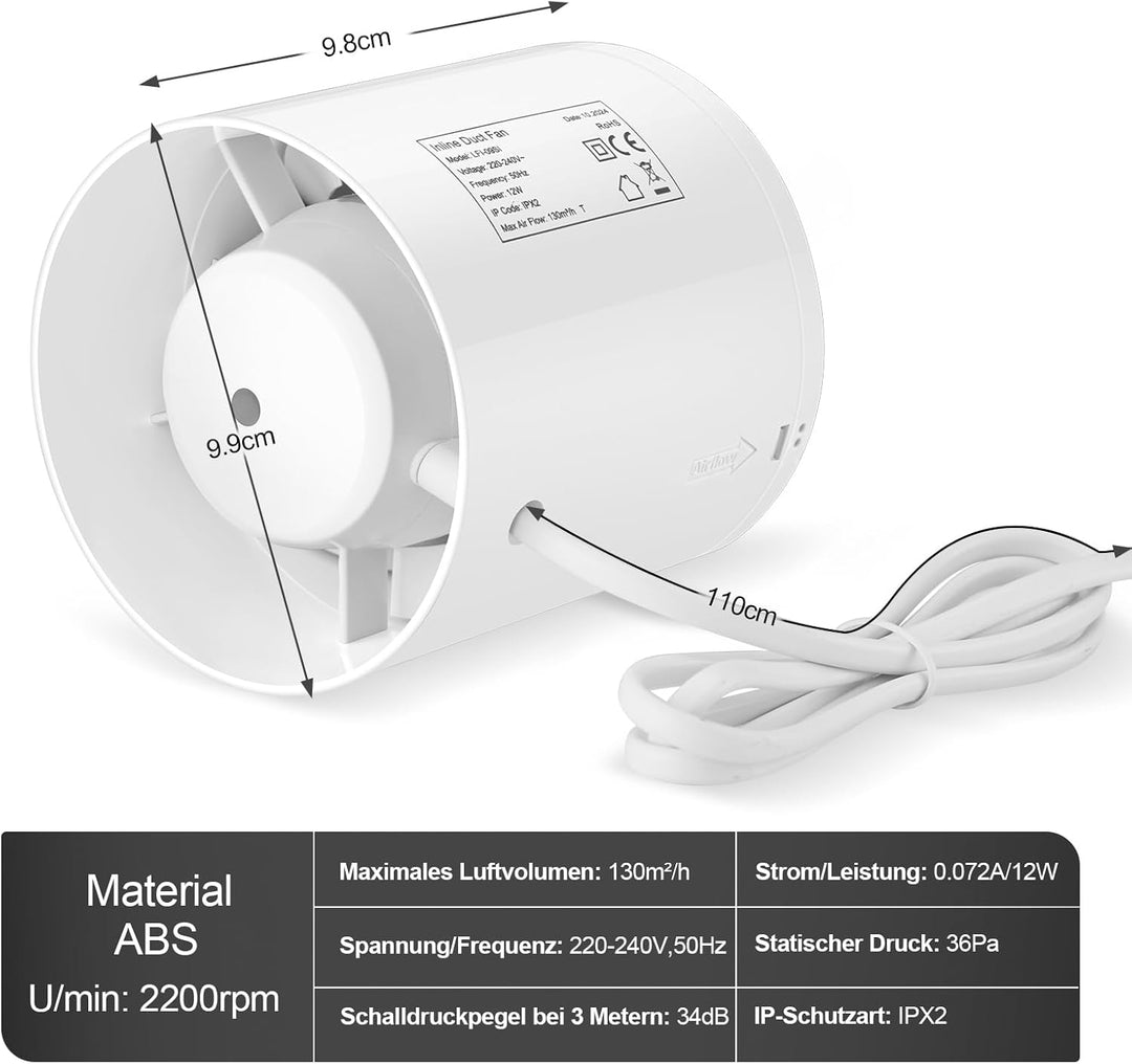 Rohrventilator 100mm, Rohrlüfter 130 m³/h, 34dB Leise, Abluftventilator Rohrlüfter 100mm, Rohrventil