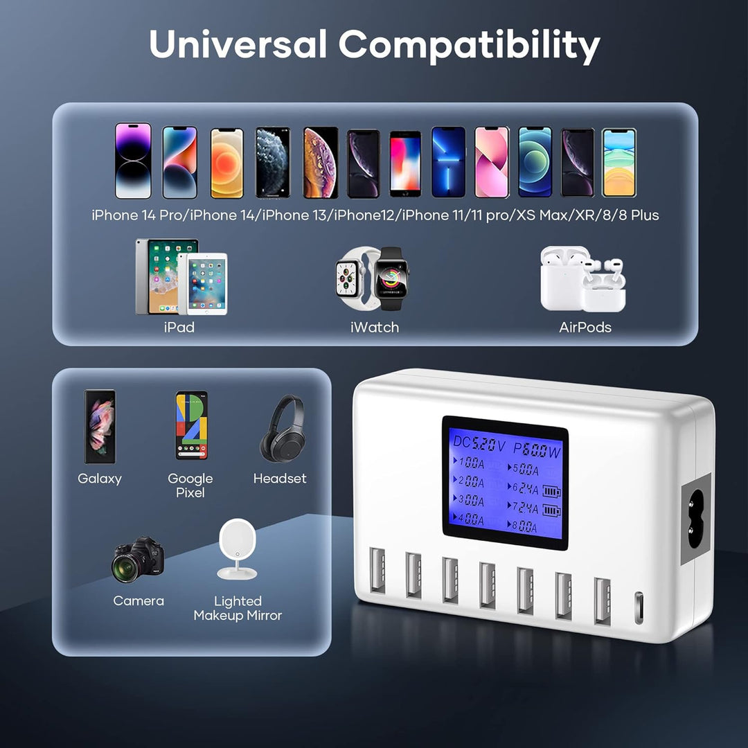 USB Ladegerät, 60W 8 Ports USB Ladestation 12A USB C Ladegerät mit LCD Display für mehrere Geräte, U
