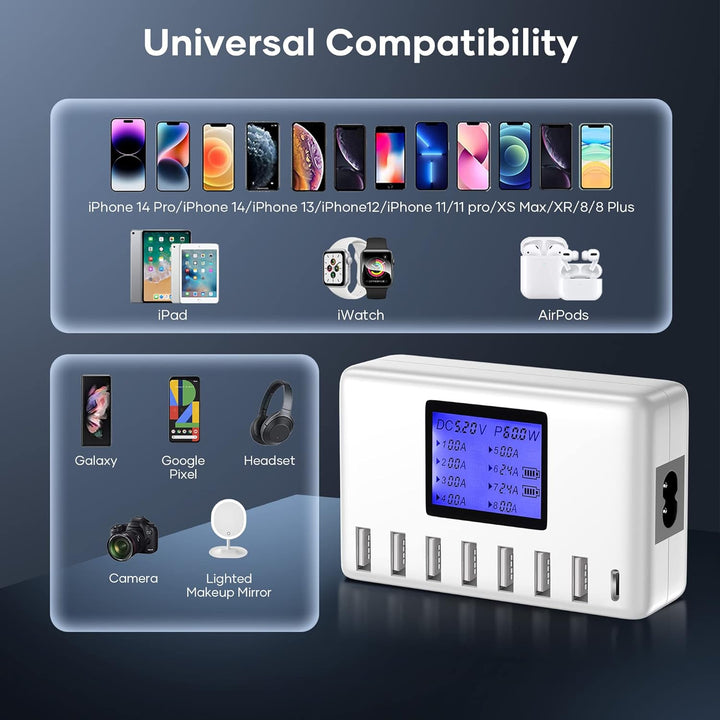 USB Ladegerät, 60W 8 Ports USB Ladestation 12A USB C Ladegerät mit LCD Display für mehrere Geräte, U