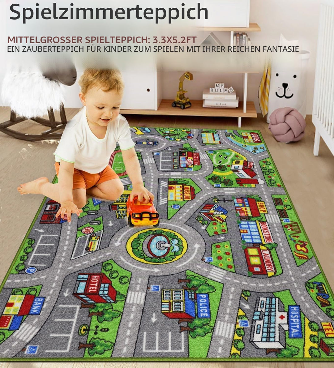 Capslpad Autoteppich Kinder 100x160cm rutschfest Kinderteppich Stadtplan Interaktiver Spielteppich W