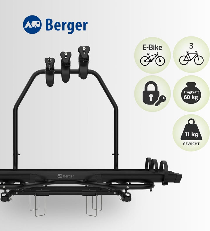 BERGER Fahrradträger Deichsel Wohnwagen | Premium 3XL Deichsel Fahrradträger für 3 Fahrräder bis 60k
