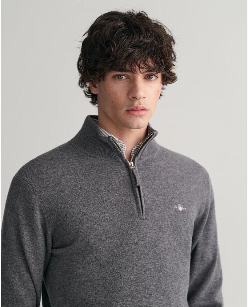GANT Herren Superfeiner Lammwollstrick Mit Halbem Reissverschluss, Tartan Green S Charcoal Melange,