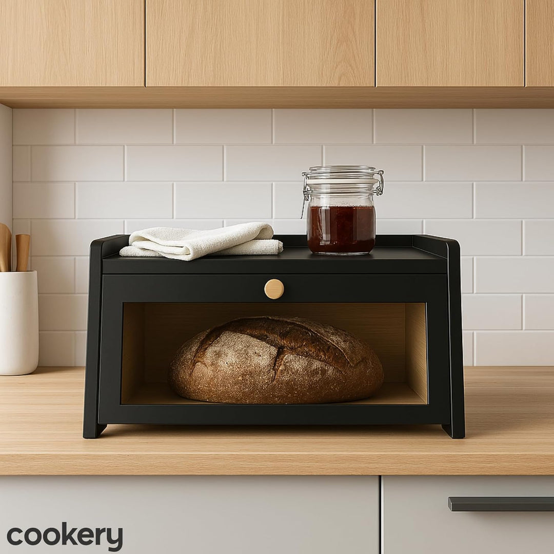 Cookery Brotkasten schwarz aus Holz zur Brotaufbewahrung Breadbox Brot Aufbewahrungsbox klein für Ba
