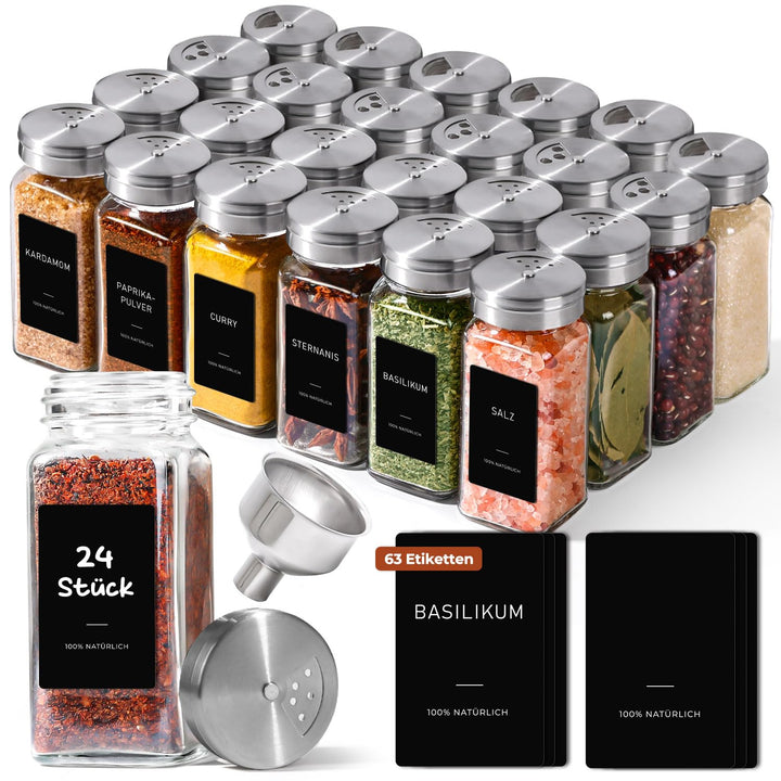 ComSaf Gewürzgläser Eckig mit Etiketten (24×120ml), Gewürzstreuer Glas mit Metalldrehdeckel, Gewürzd