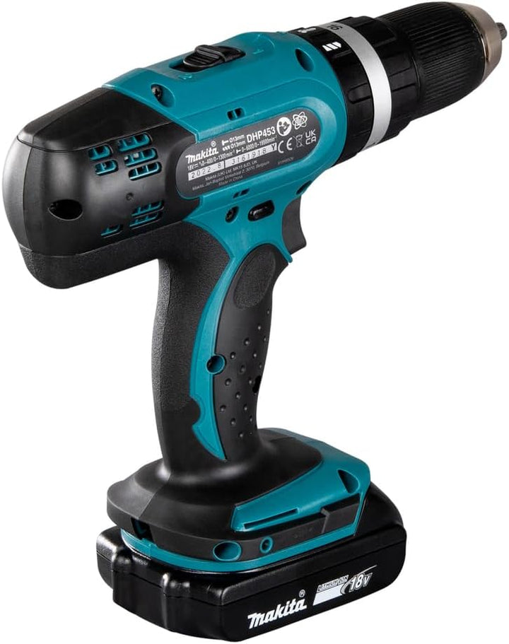 Makita DHP453RFX2 Akku-Schlagbohrschrauber 18 V / 3,0 Ah im Alukoffer + 96tlg. Zubehör-Set, Blau/Sil