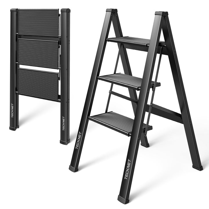 TECKNET Trittleiter 3 Stufen klappbar, Klappleiter aus Aluminium, extra breite Anti-Rutsch-Pedale, b