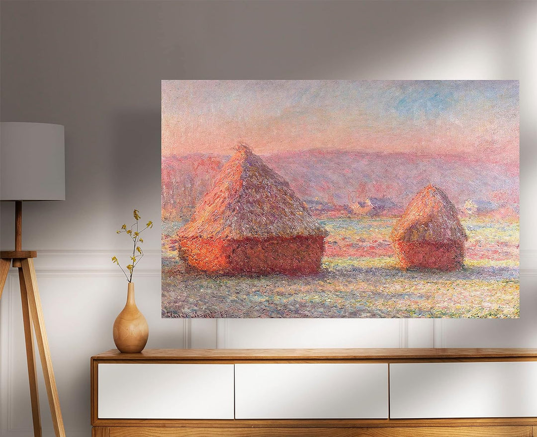 Claude Monet Leinwanddruck, Motiv Grainstacks, weisser Frost-Effekt, gespannt, gerahmt, Wandkunst, P