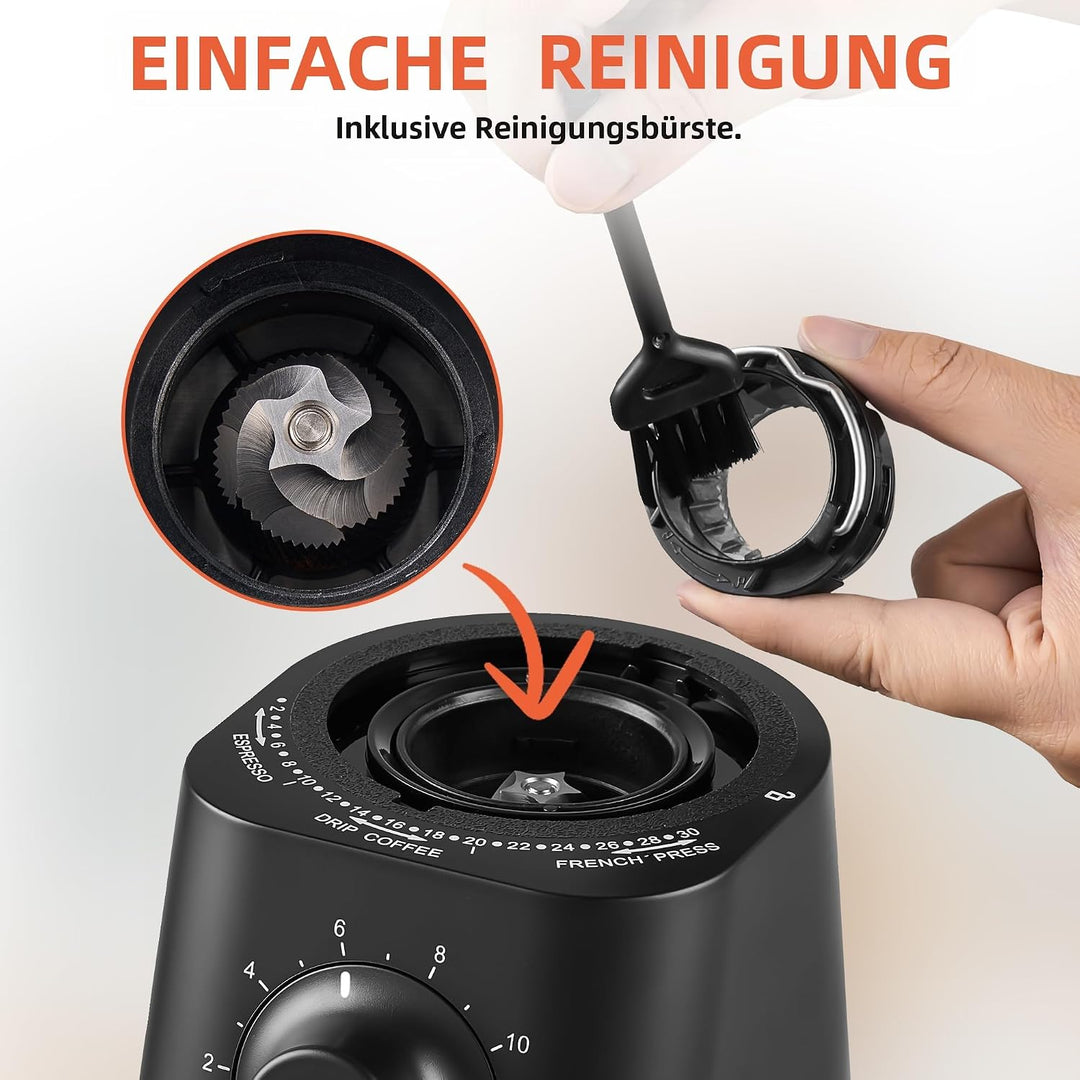 CHEFFANO Elektrische Kaffeemühle mit Kegelmahlwerk, 150W Kaffeebohnenmühle mit 30 Mahlgraden, Kaffee