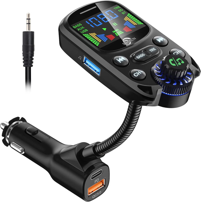 Bluetooth 5.3 FM Transmitter für Auto, SOARUN Bluetooth Adapter Auto QC3.0 & PD3.0 30W Dual USB Lade