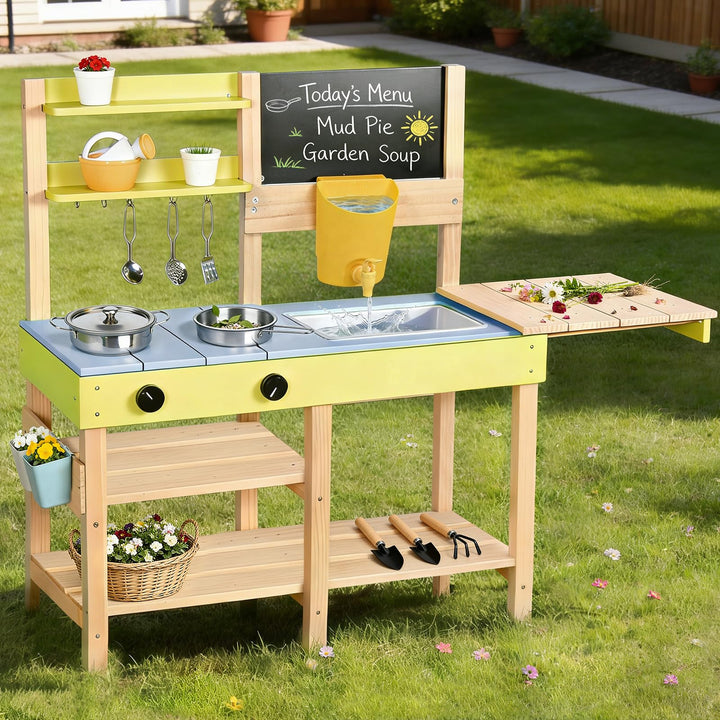 Dreamon Matschküche Kinder Outdoor, Holz-Spielküchenset mit Abnehmbarer Spüle, Kreidetafel, Gartensp