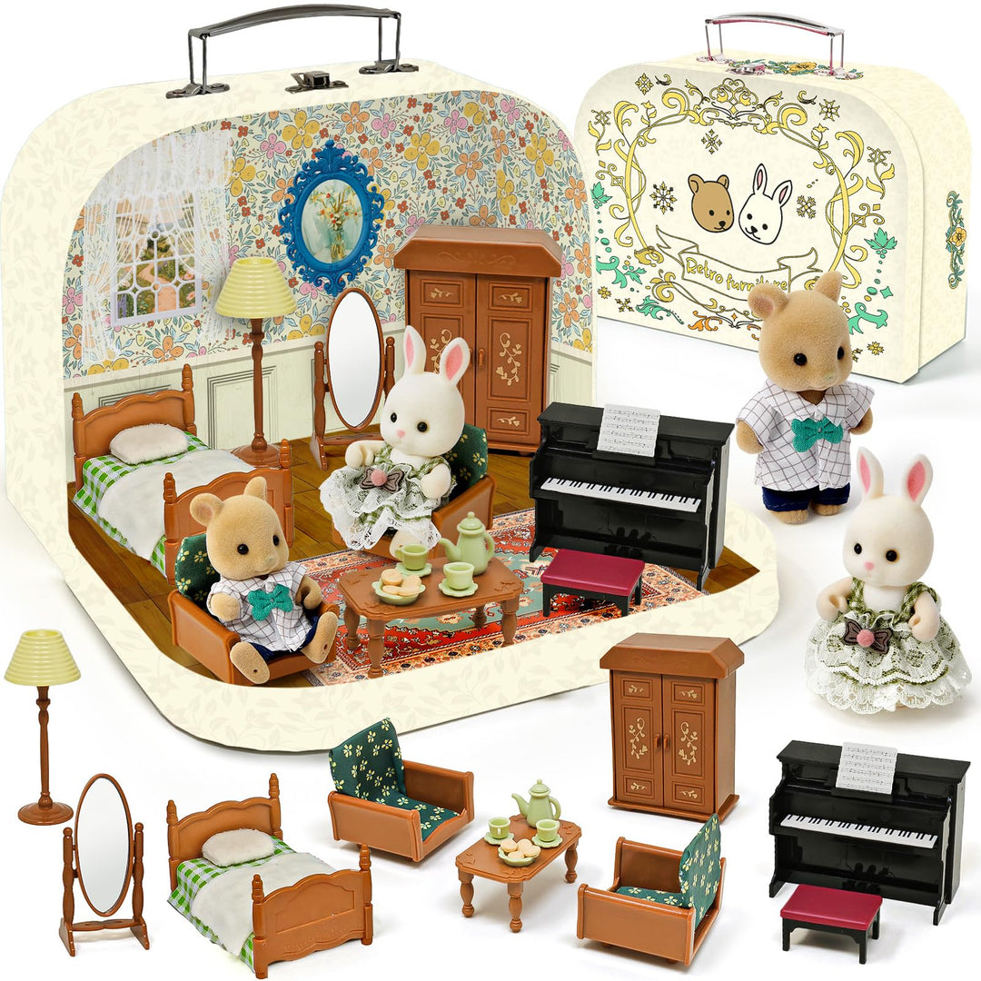 Koffer Dollhouse Tragbares Puppenhaus Möbel Zubehör DIY Miniatur Haus mit 2 Flexible Puppen, Klavier