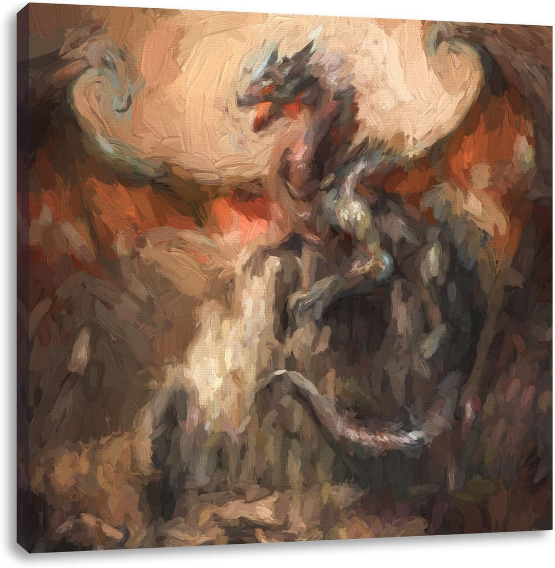 Pixxprint Drache schützend über Burg als Leinwandbild/Grösse: 70x70 cm/Wandbild/Kunstdruck/fertig be