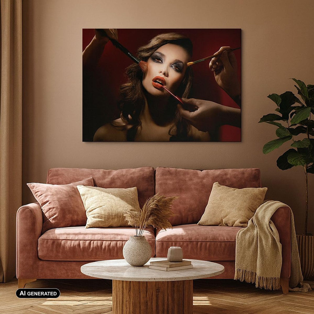 Bilder auf Leinwand 100x70cm Leinwandbild mit Rahmen Frau Make-up schön Gross Wanddeko Bild Schlafzi