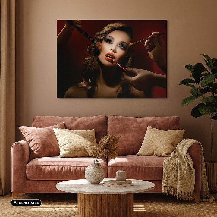 Bilder auf Leinwand 100x70cm Leinwandbild mit Rahmen Frau Make-up schön Gross Wanddeko Bild Schlafzi