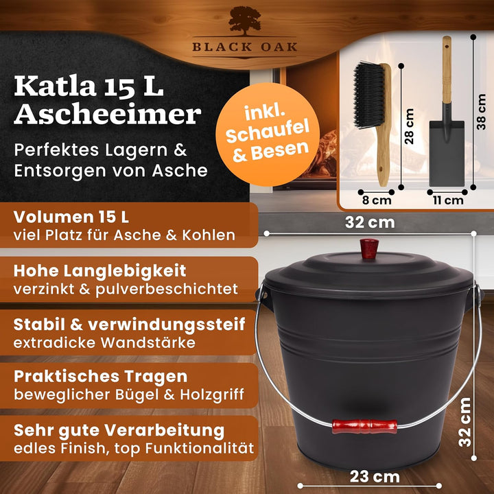 BLACK OAK Ascheeimer Katla 15L – Set Schaufel & Besen schwarz rund mit Deckel gross 15 Liter Stahl f