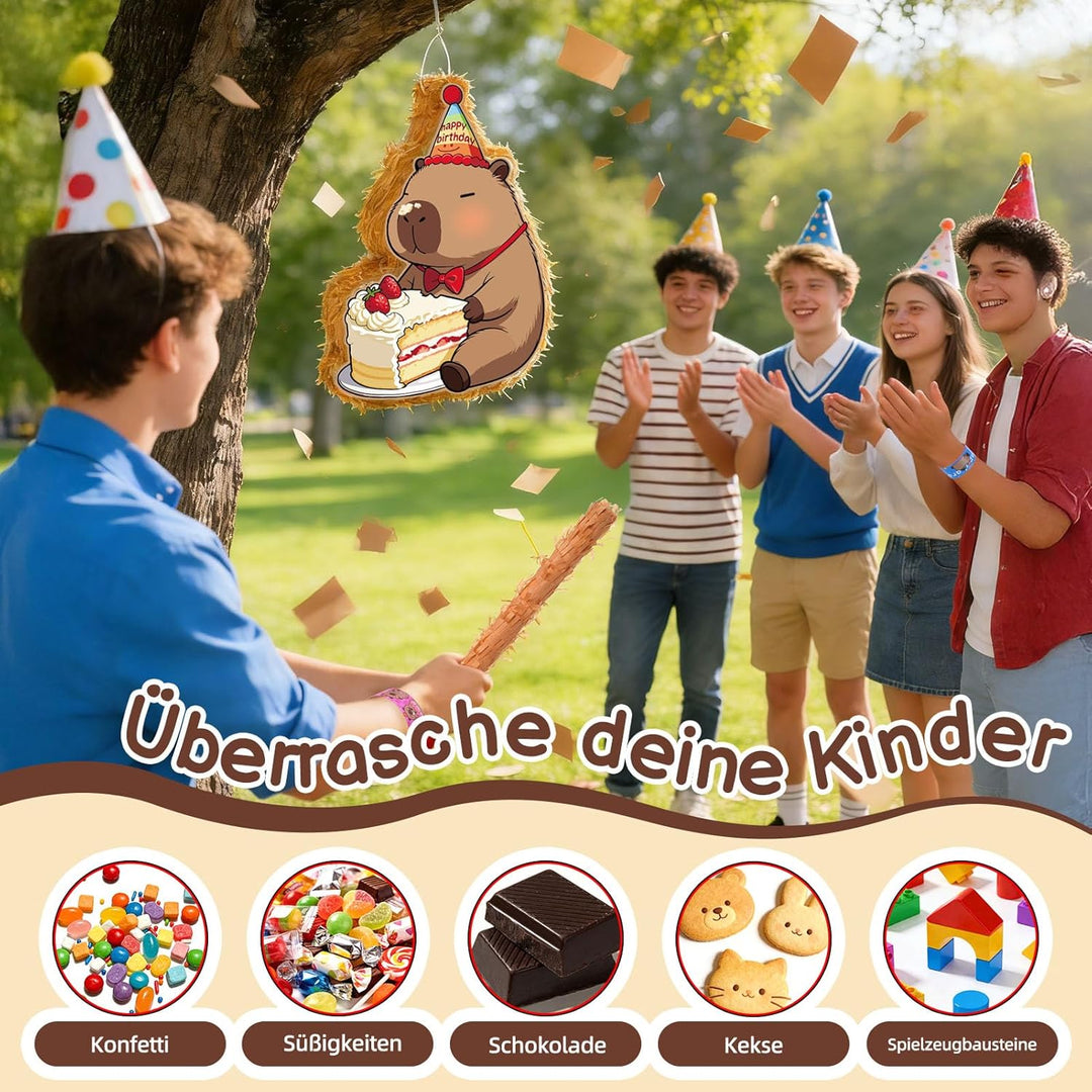 Pinata Geburtstag Capybara mit Stab&Maske für Mädchen und Jungs,Capybara Pinata Set mit 96 Füllungen