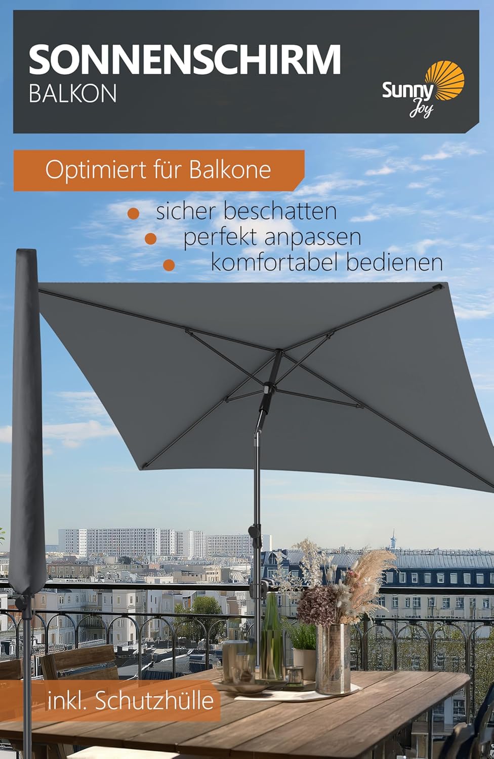 4smile Sonnenschirm Balkon SunnyShade Plus, mit Sonnenschirmhülle - Sonnnenschutz Balkon SET, Anthra