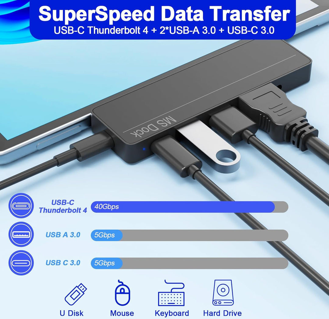 Surface Pro 11/10/9/8/X Docking Station – Surface Pro 9/10/11 Adapter mit 4K HDMI, Thunderbolt 4 (8K