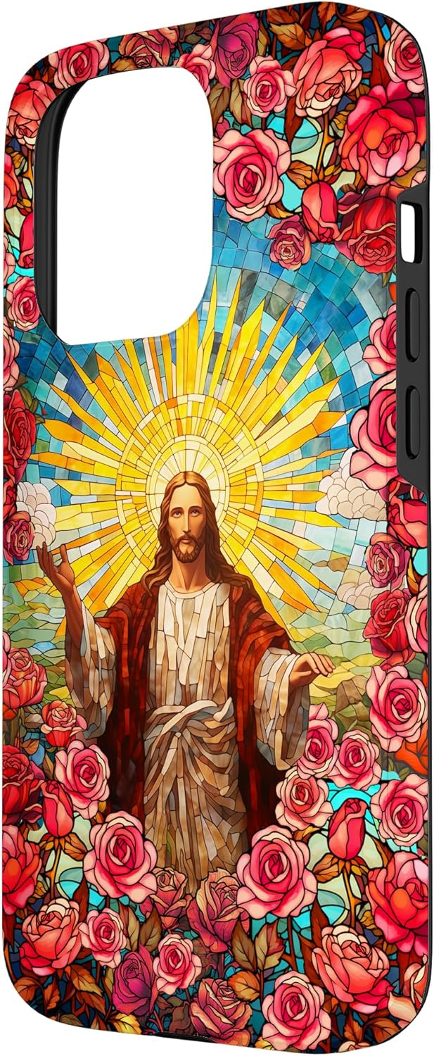 Jesus Roses Floral Buntglas Look Christian Faith Rose Hülle für iPhone 15 Pro, iPhone 15 Pro