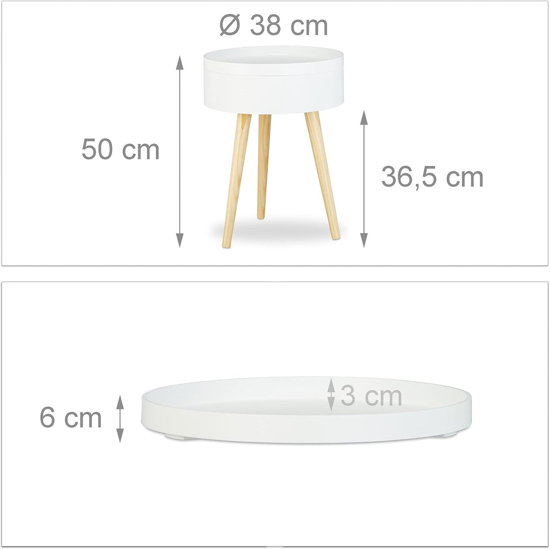 Relaxdays Beistelltisch rund skandinavisches Design, 70er, Nachttisch mit Tablett, Staufach, HxBxT:
