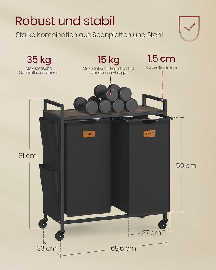 VASAGLE Wäschekorb 2 Fächer, 100 L, Wäschewagen mit Ablage, Rollen | Wäschesammler/-sortierer/-sack,
