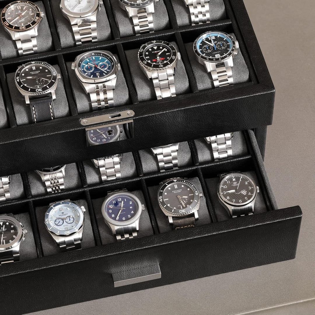ROTHWELL Uhrenbox aus Leder mit 20 Fächern, luxuriöses Uhrengehäuse, Schmuck-Organizer, verschliessb
