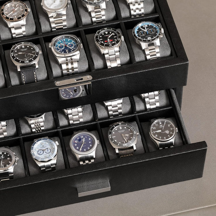 ROTHWELL Uhrenbox aus Leder mit 20 Fächern, luxuriöses Uhrengehäuse, Schmuck-Organizer, verschliessb