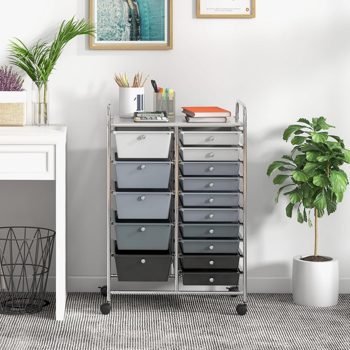 KOMFOTTEU Trolley mit 15 Schubladen, stapelbar, Verriegelungsrollen, metallschoniger Rahmen, für Bür
