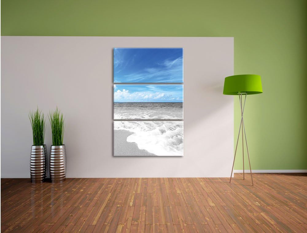 Pixxprint Sandstrand mit Welle bei azurblauen Himmel 3-Teiler Leinwandbild 120x80 Bild auf Leinwand