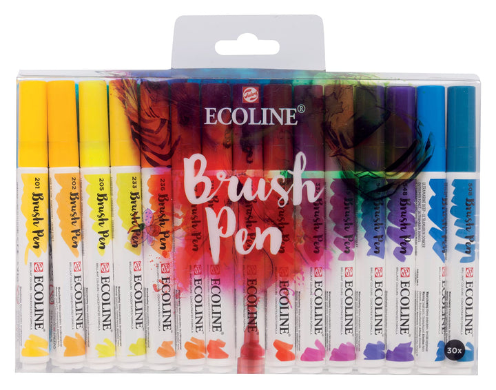 Ecoline Brush Pen-Set mit 30 flüssigen Aquarellstiften – Grundtöne | Mischbare Pinselstifte für Hand