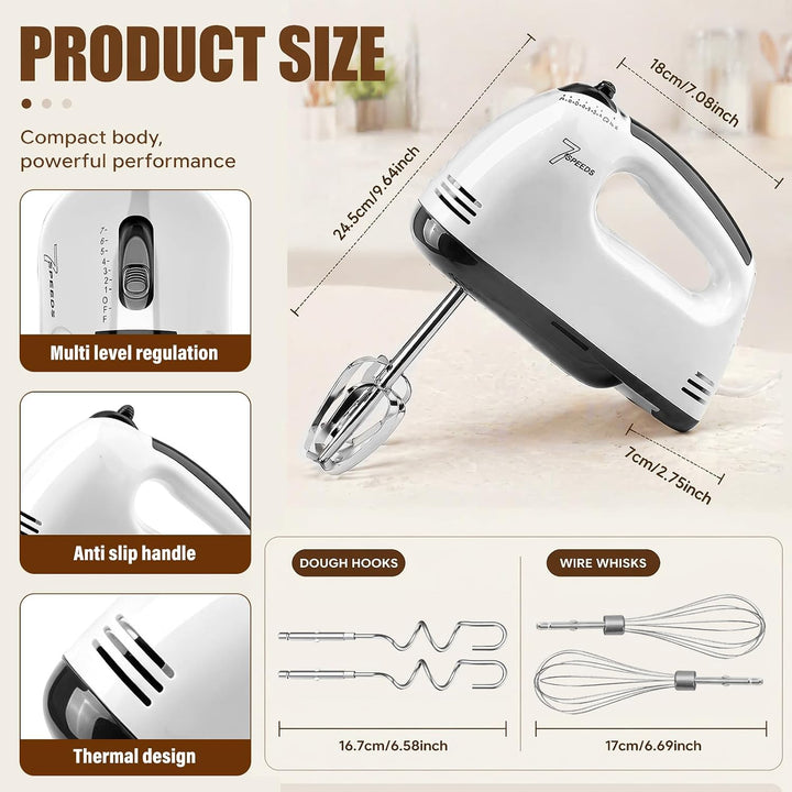 Elektrischer Handrührgerät, 7 Geschwindigkeiten Handmixer, Handrührer mit Edelstahl Knethaken, Schne