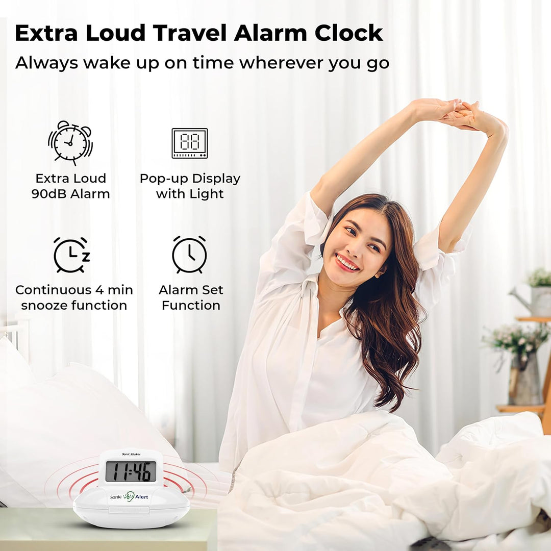 Geemarc SBP100 Tragbarer Reisewecker mit extra lautem Alarm 70 dB + Vibration + Tragetasche White, W