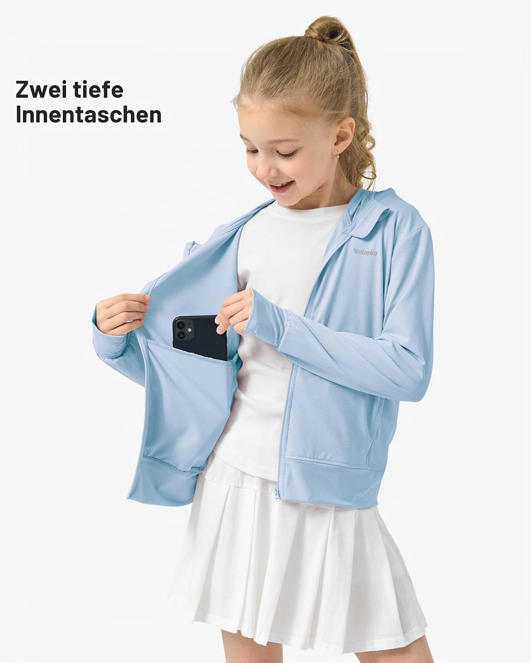 Rolanko Mädchen Sommerjacke mit Daumenlöchern Langarm Sonnenschutz Schnell Trocknend Reissverschluss