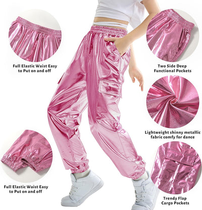 Rolanko Kinder Cargo Hose Elastische Taille Jogger Tanz Hose für Mädchen Streetwear Hip Hop Hellrosa