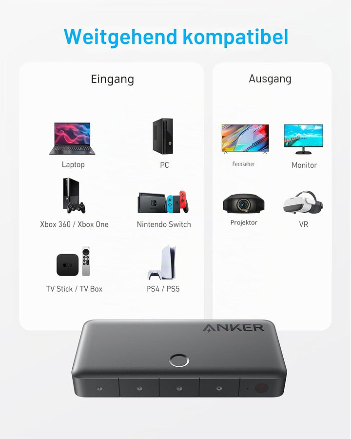 Anker HDMI Switch, 4K@60Hz Umschalter, 4 in 1 Gerät mit glatter Oberfläche, unterstützt HDR, 3D, Dol