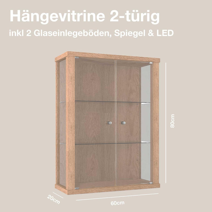 K-Möbel Hängevitrine Glas in Winchester Eiche (80x60x25 cm) mit 2 höhenverstellbaren Glasböden - Mod