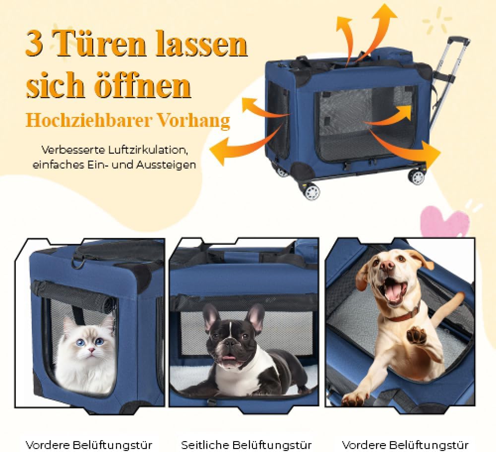Dunkelblaue Tiertransportbox, 2-in-1 Faltbare Hundetransporttasche mit Rollen, Belüftete Haustierbox