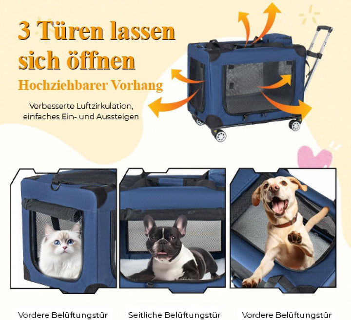 Dunkelblaue Tiertransportbox, 2-in-1 Faltbare Hundetransporttasche mit Rollen, Belüftete Haustierbox