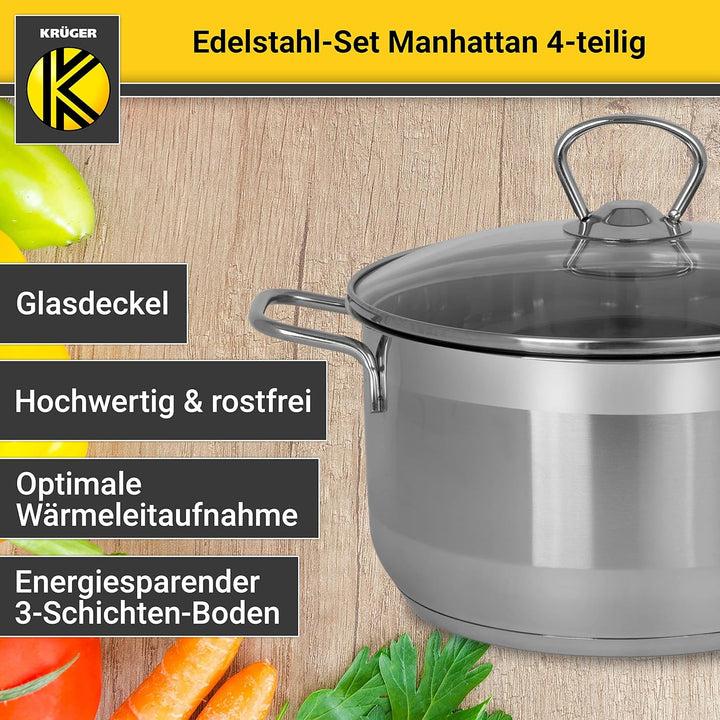 Krüger Edelstahl Kochtopf-Set Manhattan 4-teilig - Topfset aus 3 Kochtöpfen und einer Stielkasseroll