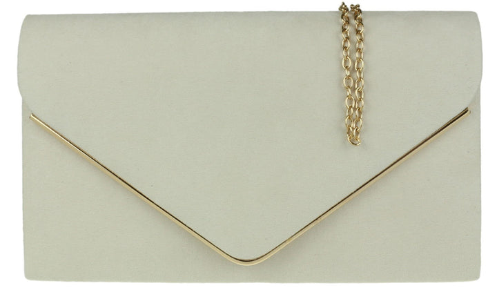 Girly Handbags Faux Suede Clutch Bag Envelope Metallic Frame Women Handbag Ivory Elfenbein, Elfenbei