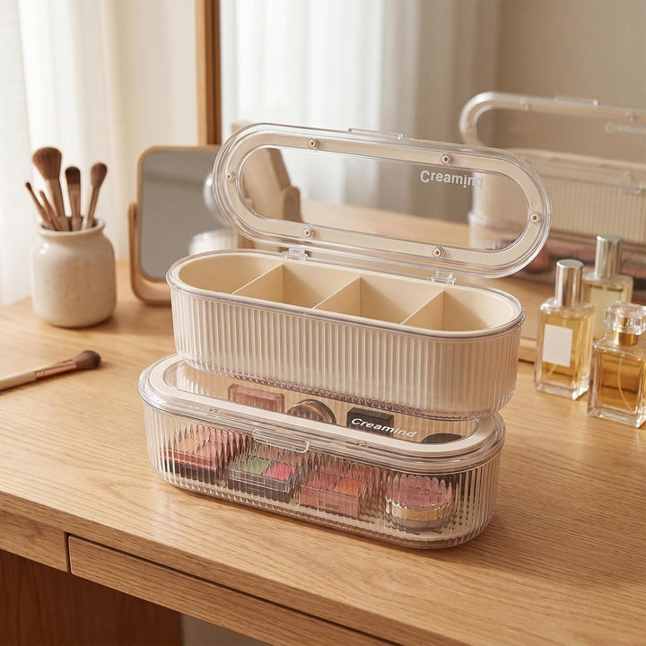 2er-Set Kosmetik Make Up Organizer Cremeweiss, Wattepadspender, Wattestäbchen Behälter, Clear Schmin