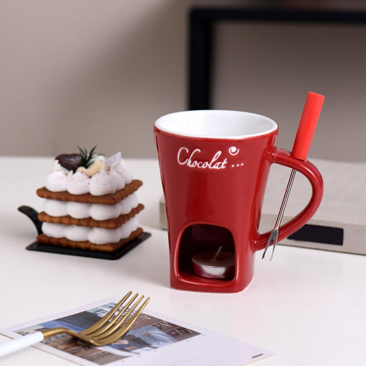 Fondue-Tasse – hitzebeständiger Wärmer mit Gabel zum Schmelzen von Schokolade – zum Eintauchen von B