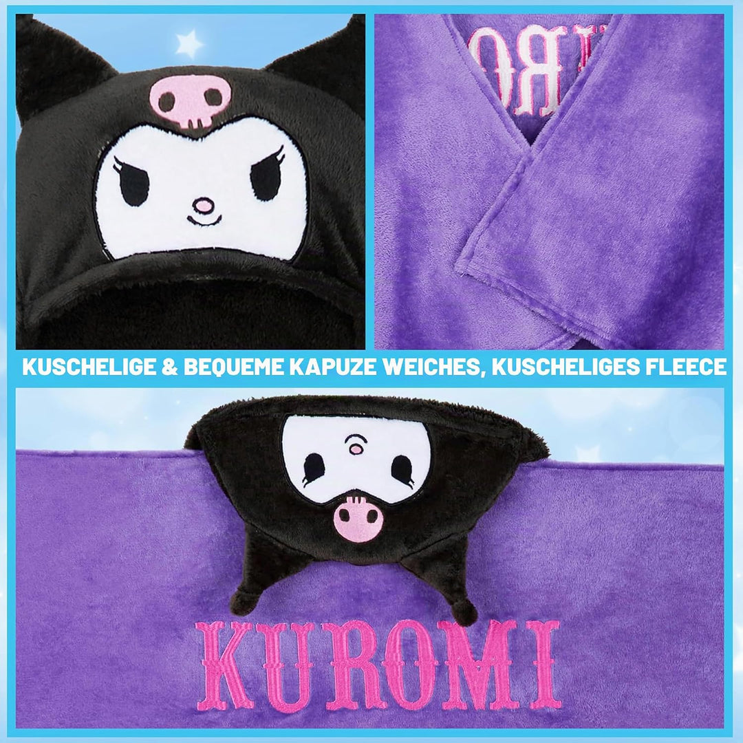 Hello Kitty Sanrio Kuscheldecke mit Kapuze, 120x150cm, Kawaii Plüsch Fleece Decke, Kuromi, Cinnamoro